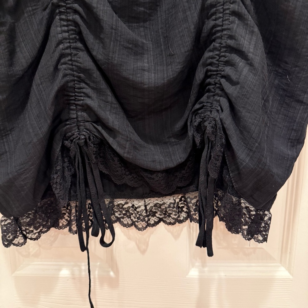 Ruched Mini Dress Women’s L Black Milkmaid Lace Drawstring Goth Dark Feminine - Picture 5 of 13